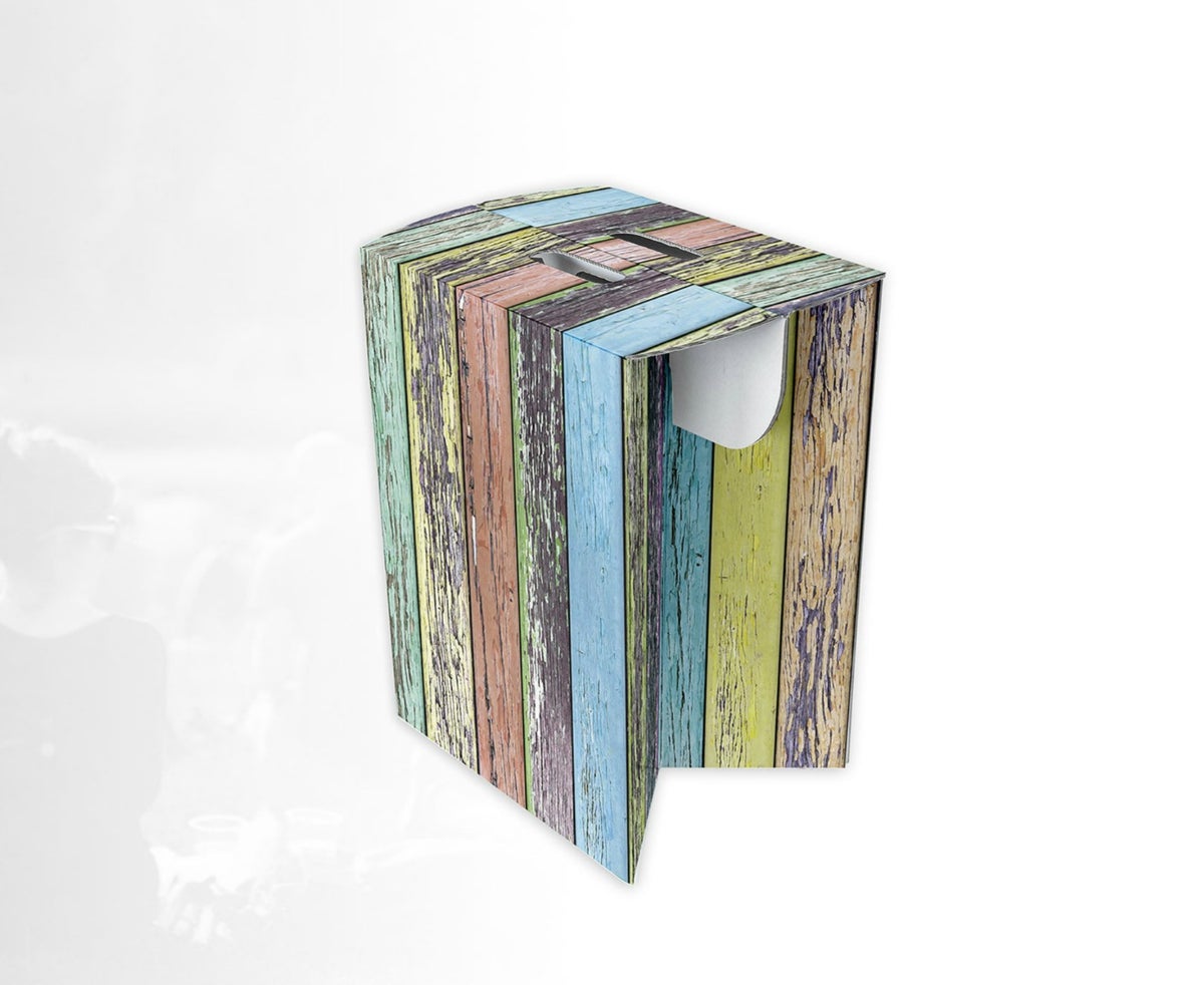 Papphocker, Hocker aus Pappe, Papphocker bedruckt, Festivalhocker, Hocker aus Karton, Pappmöbel, Möbel aus Pappe