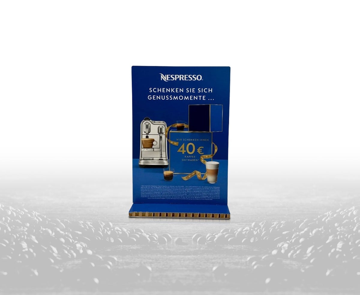 Tischaufsteller, Thekenaufsteller, Wabenaufsteller, Reboard Tischaufsteller, Reboard Thekenaufsteller, Thekenaufsteller mit eigener Bedruckung, Tischaufsteller mit individuellem Druck, Showcard