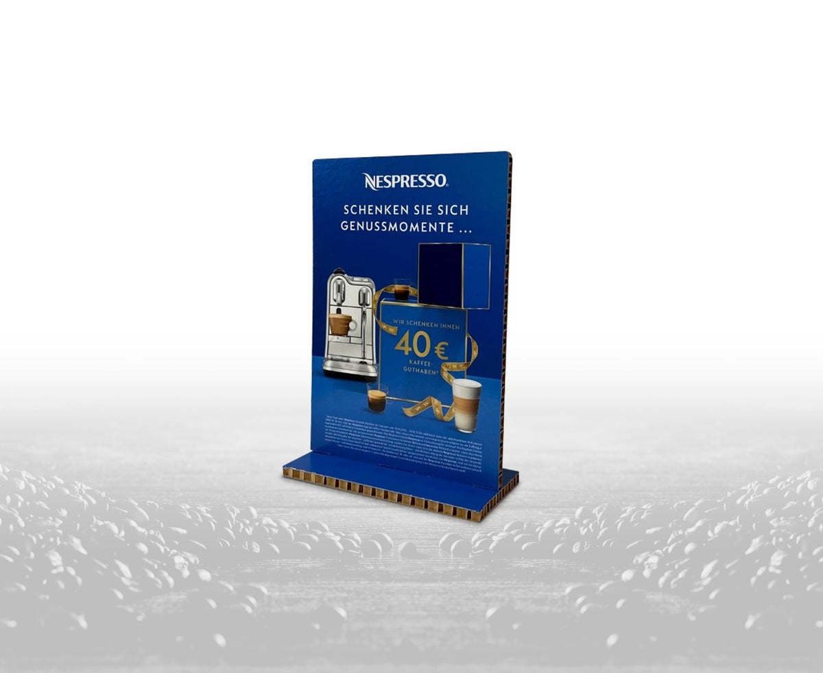 Tischaufsteller, Thekenaufsteller, Wabenaufsteller, Reboard Tischaufsteller, Reboard Thekenaufsteller, Thekenaufsteller mit eigener Bedruckung, Tischaufsteller mit individuellem Druck, Showcard