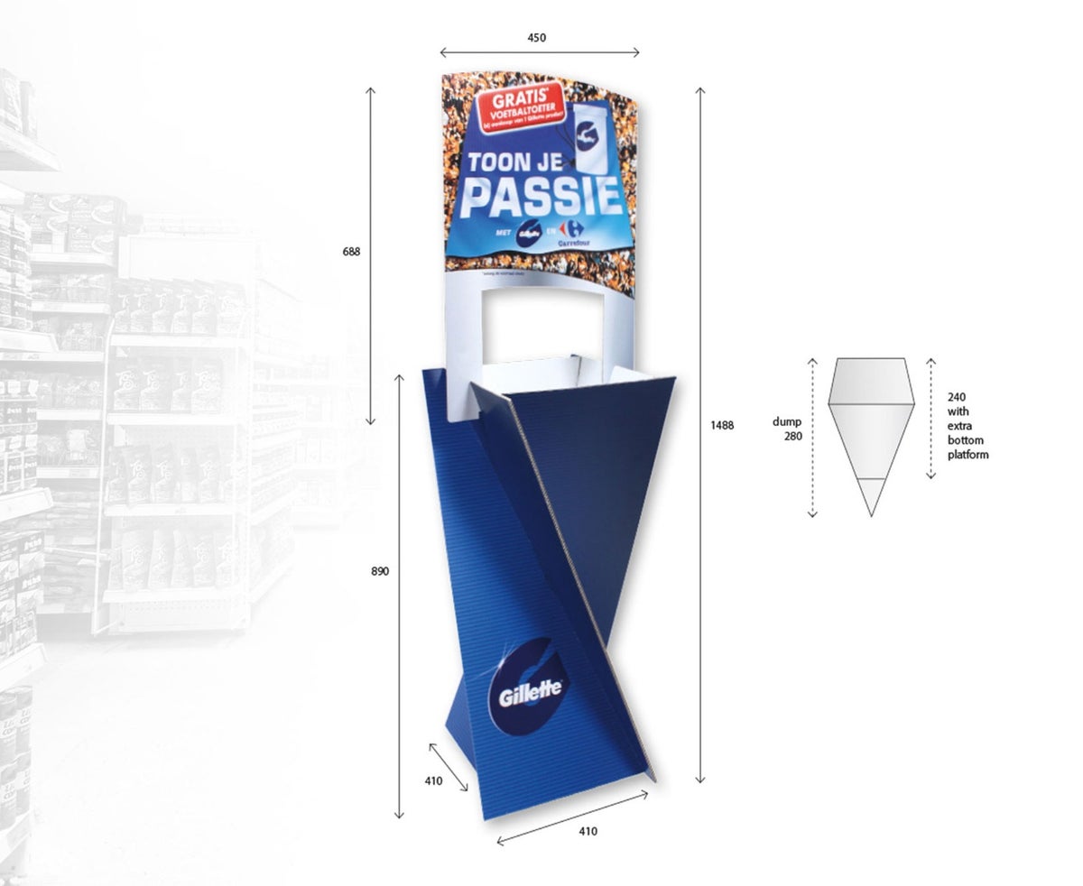 Schüttendisplay, Schüttendisplay Twist, Schüttendisplay aus Pappe, Warenschütte, Dumpbin, Werbematerial, Grabbelkiste, Werbeaufsteller, Werbedisplay