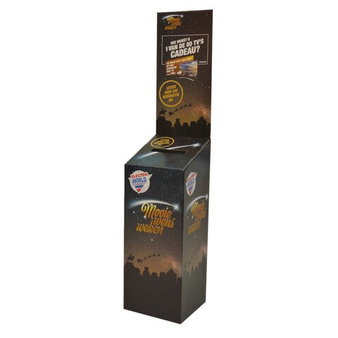 Losbox, Einwurfbox, Spendenbox, Wahlurne, Gewinnspielbox, Gewinnbox, Losbox Pappe, Einwurfbox Pappe, Losbox Bodendisplay, Einwurfbox Bodendisplay, Spendenbox Pappe, Wahlurne pappe, Karton Losbox, Karton Einwurfbox