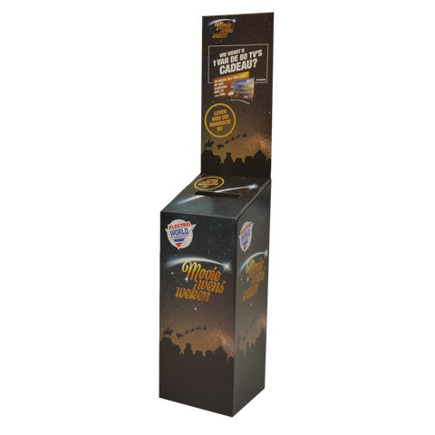 Losbox, Einwurfbox, Spendenbox, Wahlurne, Gewinnspielbox, Gewinnbox, Losbox Pappe, Einwurfbox Pappe, Losbox Bodendisplay, Einwurfbox Bodendisplay, Spendenbox Pappe, Wahlurne pappe, Karton Losbox, Karton Einwurfbox