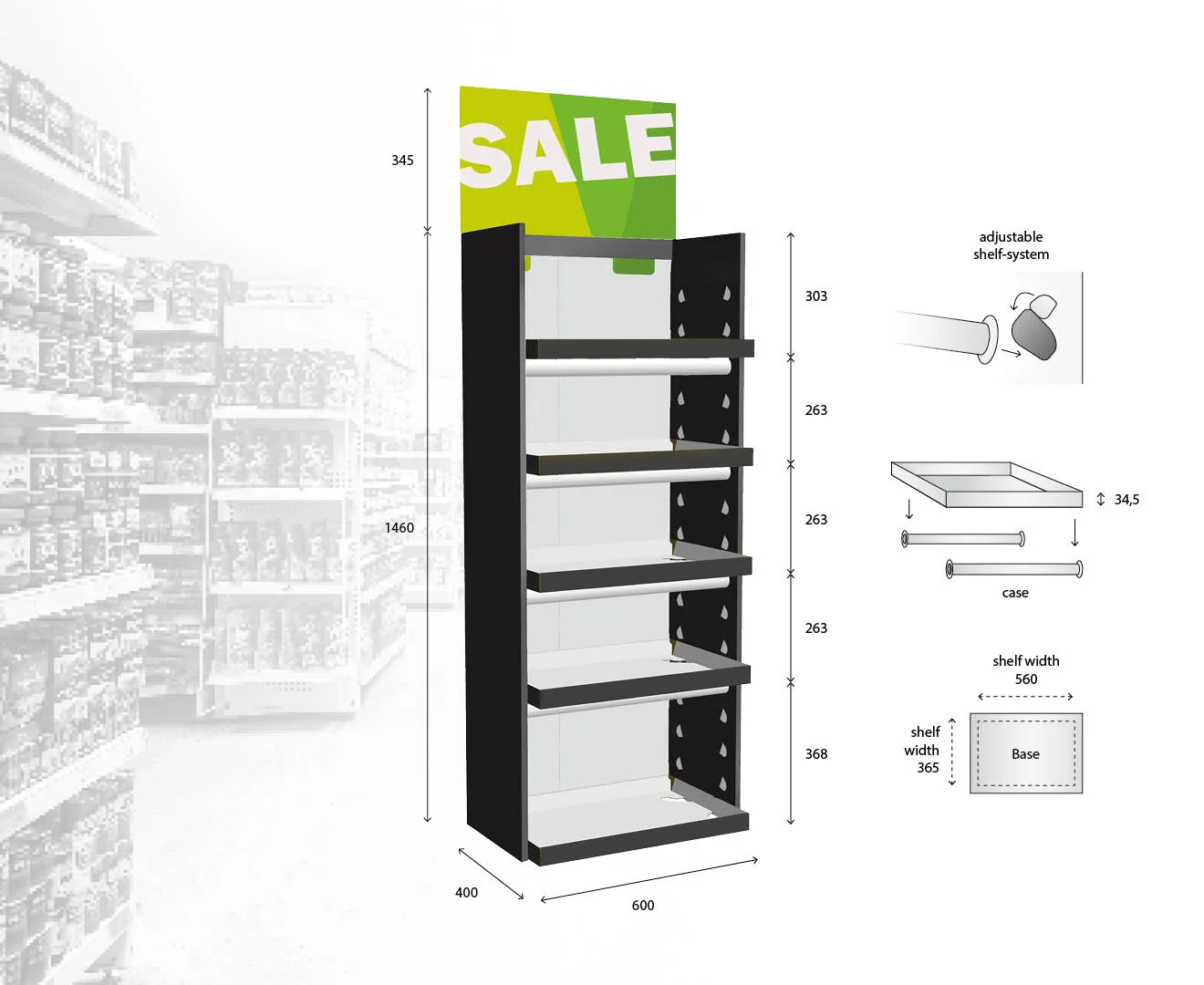 Palletdisplay LITE zwart - maatvoering Palletdisplay LITE zwart - maatvoering